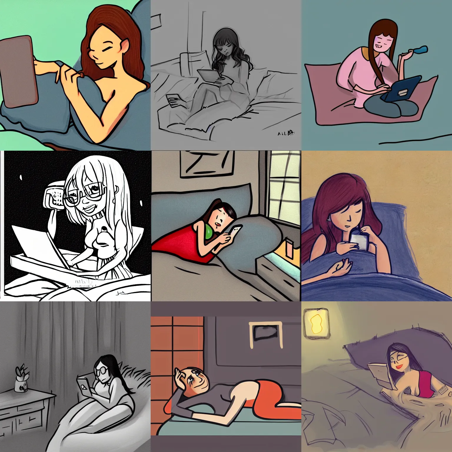 Prompt: cartoon drawing of someone in the dark in bed staying up really late on her phone asking an ai artist friend to draw her staying up late on her phone. trending on artstation