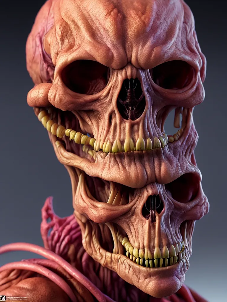 Image similar to hyperrealistic rendering, skeletor face by donato giancola and greg rutkowski and wayne barlow and zdzisław beksinski, product photography, action figure, sofubi, studio lighting, colored gels