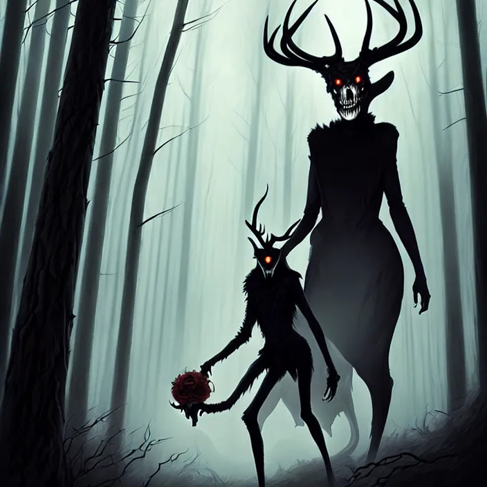 Prompt: style artgerm, joshua middleton, diego fazio, hubert robert : : scary wendigo with antlers and skull face mixed with werewolf : : [ beautiful witch wearing a black dress, symmetrical face, on the right side ] : : in the forest, detailed, dark and foggy, cinematic lighting