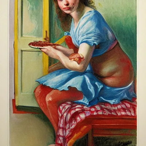 Image similar to A beautiful print of a young lady with a serious case of the munchies, eating an entire pizza while sitting in front of an open refrigerator. body paint by Harriet Backer, by Go Nagai funereal