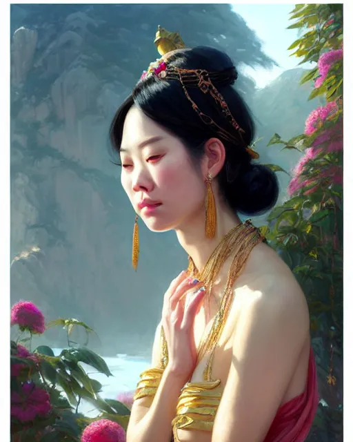 Image similar to a beautiful taiwan goddess with sundress with jewelry | | winter, realistic shaded, unpleasant face, good looking, fine details, realistic shaded lighting poster by greg rutkowski, magali villeneuve, artgerm, jeremy lipkin and michael garmash and rob rey