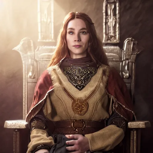 Image similar to the elder scrolls vi, charismatic regal brunette female jarl, portrait, throne room, atmospheric lighting, painted, intricate, volumetric lighting, beautiful, daytime, sunny weather, slight overcast, sharp focus, deep colours, ultra detailed, by leesha hannigan, ross tran, thierry doizon, kai carpenter, ignacio fernandez rios