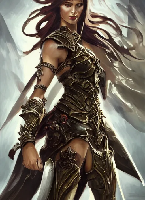 Image similar to a professionally painting of an attractive young girl, partially clothed in battle armor, olive skin, long dark hair, beautiful bone structure, perfectly proportioned, nubile body, symmetrical facial features, intricate, elegant, heroic pose, digital painting, concept art, smooth, sharp focus, finely detailed, beautifully framed, from the game Diablo, in the style of Artgerm and Greg Rutkowski and William-Adolphe Bouguerea