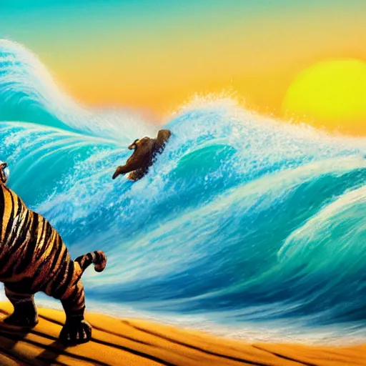 Image similar to a closeup photorealistic photograph of a cute smiling knitted tiger hippopotamus riding a large wave at sunset. surf in the background. professional capture. brightly lit scene. this 4 k hd image is trending on artstation, featured on behance, well - rendered, extra crisp, features intricate detail, epic composition and the style of unreal engine.