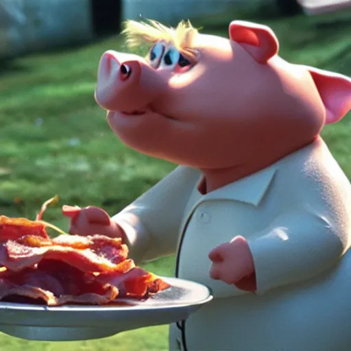 Prompt: Porky the Pig eating bacon.