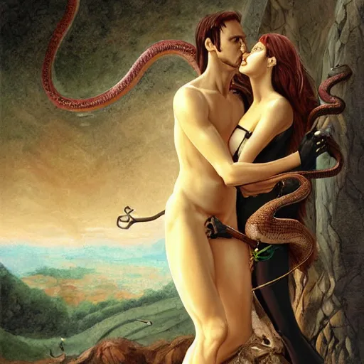 Image similar to adam and eve eating the snake, artstation,