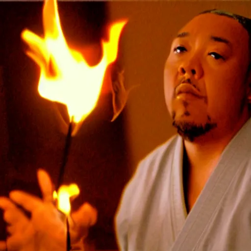 Image similar to cinematic film still of Timbaland starring as a Japanese Sensei with fire, Japanese CGI, VFX, 2003, 40mm lens, shallow depth of field, film photography