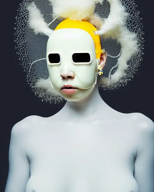 Prompt: portrait of a woman wearing a white embroidered translucent silicone mask and white yellow frizzy hair buns, wearing a black bodysuit by alexander mcqueen, cream white background, soft diffused light, biotechnology, humanoide robot, bjork aesthetic, translucent, by rineke dijkstra, intricate details, highly detailed, masterpiece,