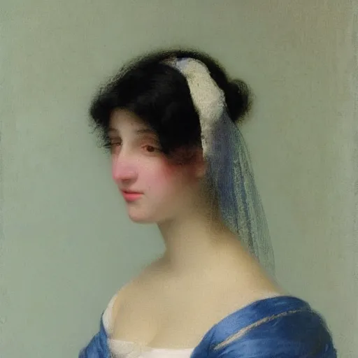 Image similar to a young woman’s face, her hair is silver, she wears a long flowing blue satin veil, by ivan aivazovsky and pieter claesz and paul delaroche and alma tadema and august malmstrom and and willen claesz heda and aelbert cuyp and gerard ter borch, contrapposto, hyperrealistic, volumetric light, rendered in octane, c4d