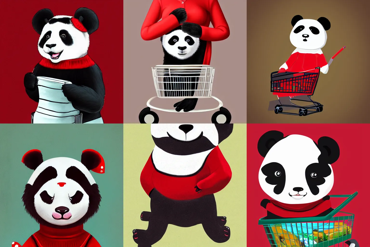 Prompt: anthropomorphic female panda wearing a red sweater, at the grocery store pushing her cart, digital art, trending in ArtStation