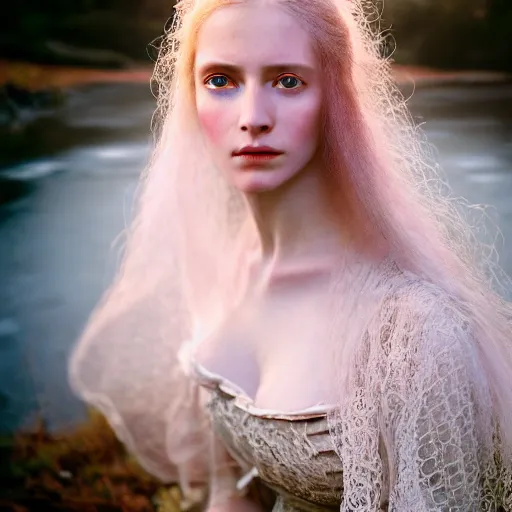 Prompt: photographic portrait of a stunningly beautiful english renaissance female dressed in fractal lace, in soft dreamy light at sunset, beside the river, soft focus, contemporary fashion shoot, hasselblad nikon, in a denis villeneuve movie, by edward robert hughes, annie leibovitz and steve mccurry, david lazar, jimmy nelsson, hyperrealistic, perfect face