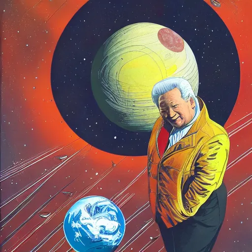 Image similar to yeltsin in outer space, behind him is a planet, space art in color