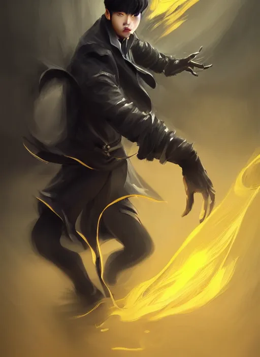 Prompt: a highly detailed illustration of korean man with bowl cut black hair wearing tie with giant black claws, wielding giant black fog claws pose, yellow eyes, tired expression, foggy black mist surrounding background, intricate, elegant, highly detailed, centered, digital painting, artstation, concept art, smooth, sharp focus, league of legends concept art, wlop.