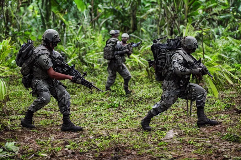 Image similar to Mercenary Special Forces soldiers in grey uniforms with black armored vest in a battlefield in the jungles 2022, Canon EOS R3, f/1.4, ISO 200, 1/160s, 8K, RAW, unedited, symmetrical balance, in-frame, combat photography