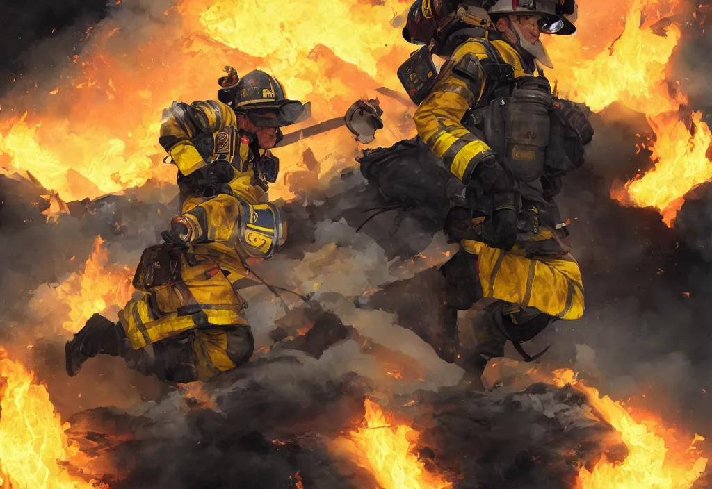 Image similar to one heroic firefighter in action in black and yellow uniform, fire flames, sharp details, sharp focus, realistic, highly detailed, illustration, by jordan grimmer and greg rutkowski and pine ( ハイネ ) and 薯 子 imoko and 香 川 悠 作 and wlop and maya takamura, intricate