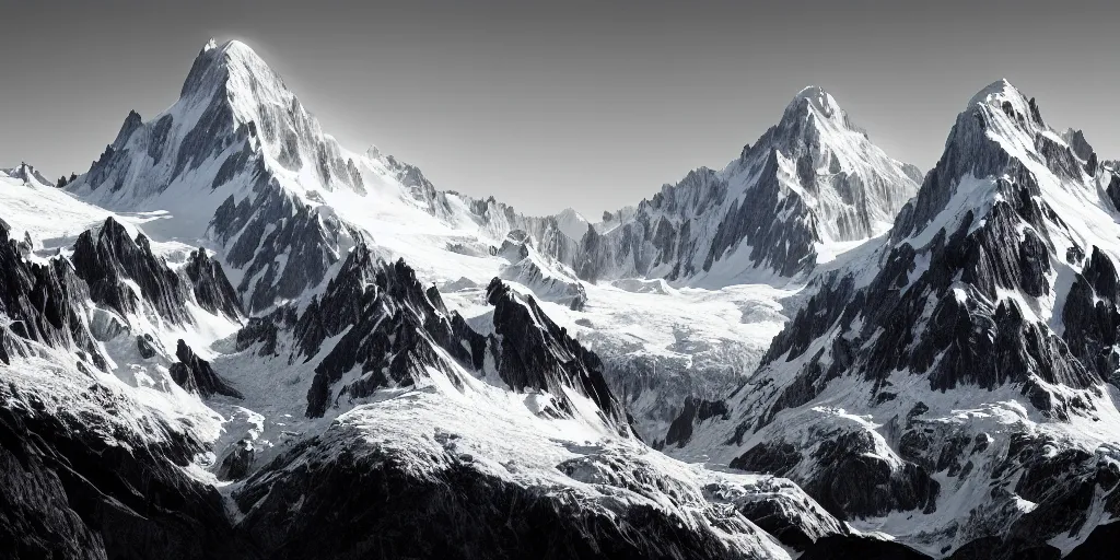 Prompt: award winning landscape photography of mont blanc by ansel adams and jack brauer, nikon, wide angle, high contrast, black and white, layers, dramatic, beautiful light, fine detail