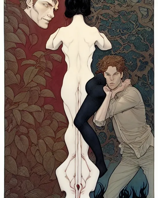 Image similar to artwork by James Jean and artwork by Phil noto and artwork by Rebecca guay of a handsome man and a beautiful woman back to back