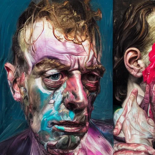 Prompt: high quality high detail painting of two extremely angry men by lucian freud and jenny saville and francis bacon and malcom liepke and nicola samori, hd, anxiety, turquoise and purple and orange and pink, dark atmosphere