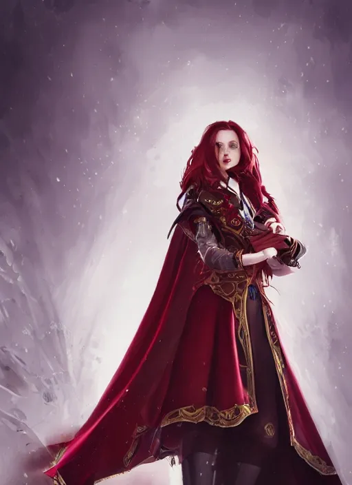 Image similar to a highly detailed illustration of beautiful long dark red haired woman wearing wine red epaulette uniform and coat cape, dramatic floating pose, strings background, intricate, elegant, highly detailed, centered, digital painting, artstation, concept art, smooth, sharp focus, league of legends concept art, wlop