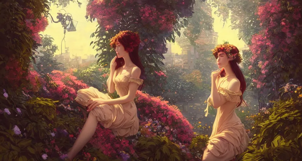 Prompt: a girl with clothed in flowers behind a steampunk city, night setting. realistic shaded lighting poster by ilya kuvshinov katsuhiro, magali villeneuve, artgerm, jeremy lipkin and michael garmash, rob rey and kentaro miura style, trending on art station, surrounded by foliage, dreamy autochrome pinhole photography