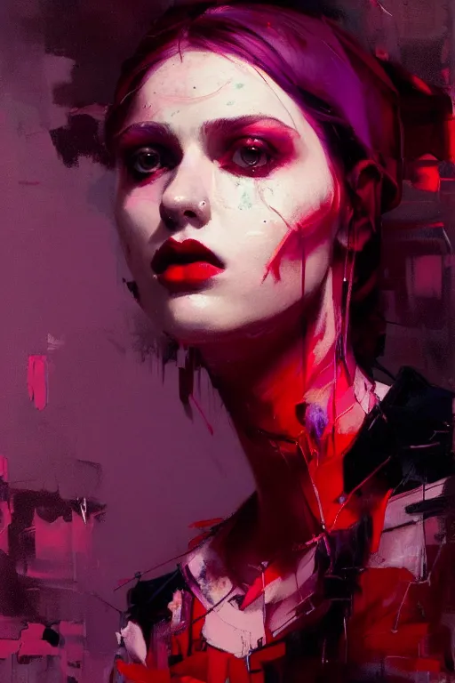 Image similar to portrait of a beautiful goth girl, shades of red and purple, beautiful face, rule of thirds, intricate outfit, spotlight, by greg rutkowski, by jeremy mann, by francoise nielly, by van gogh, digital painting