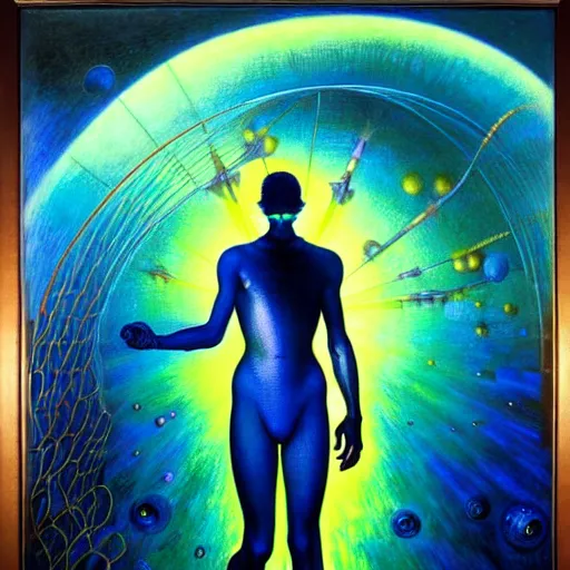 Image similar to realistic extremely detailed portrait painting of a glowing male silhouette, futuristic sci-fi landscape on background by Jean Delville, Amano, Yves Tanguy, Alphonse Mucha, Ernst Haeckel, Edward Robert Hughes, Roger Dean, rich moody colours, blue eyes