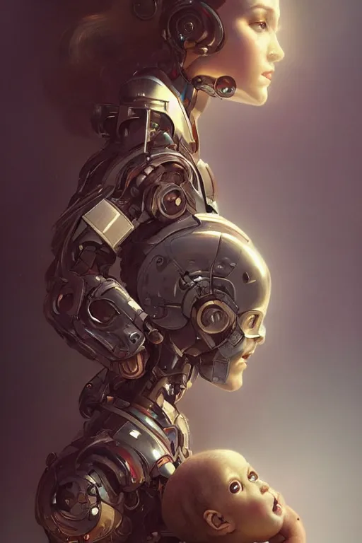 Image similar to ultra realistic illustration, robot woman carrying a baby + face, cyberpunk, sci - fi, fantasy, intricate, elegant, highly detailed, digital painting, artstation, concept art, smooth, sharp focus, illustration, art by artgerm and greg rutkowski and alphonse mucha