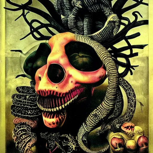 Image similar to post - punk album cover, asymmetrical design, snake, capitalism, magic, apocalypse, psychedelic, black white pastel pink, slightly holographic, magic, giger h. r., giuseppe arcimboldo, peder balke