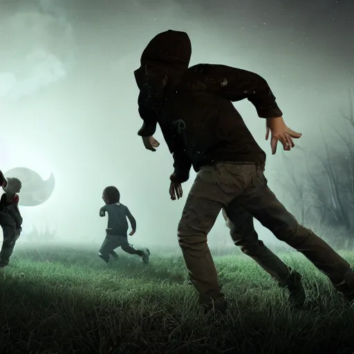 Image similar to two boys are escaping from the horde of zombies, volumetric lighting, moon light, hyperrealistic, beautiful details, HDR, octane render, action shot, wide angle, horror theme, cinematic,