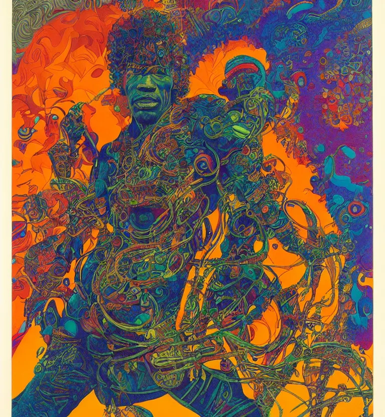 Prompt: colourful afrofuturist biomorphic opart, jimi hendrix full body, by pascal blanche and moebius and roger dean and giger and arthur rackham and syd mead and james jean and beksinski and greg hildebrandt, 8 k