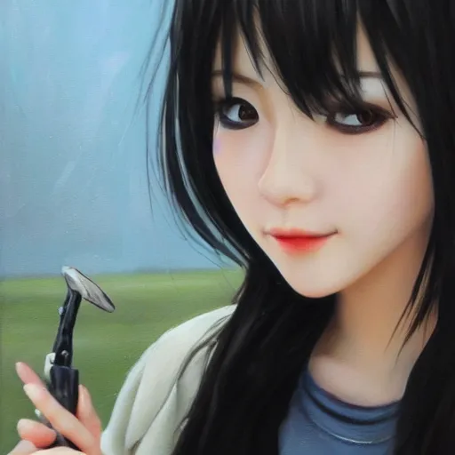 Image similar to perfect, realistic oil painting of close-up japanese young woman wearing leather jacket, in Perfect World mmorpg