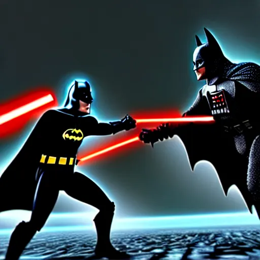 Image similar to ultra detailed picture of a fight where batman is against darth vador, unreal engine, extremely detailed, epic, dark, highly realistic, spiritual masterpiece, beautiful, ultra hd