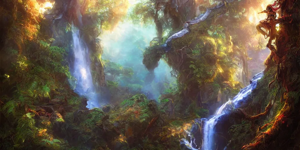 Prompt: snake hanging from a tree in the forest, magical energies emanating from it, waterfall, wide angle, fantasy art, matte painting, sharp focus, vibrant colors, high contrast, illustration, art by justin gerard