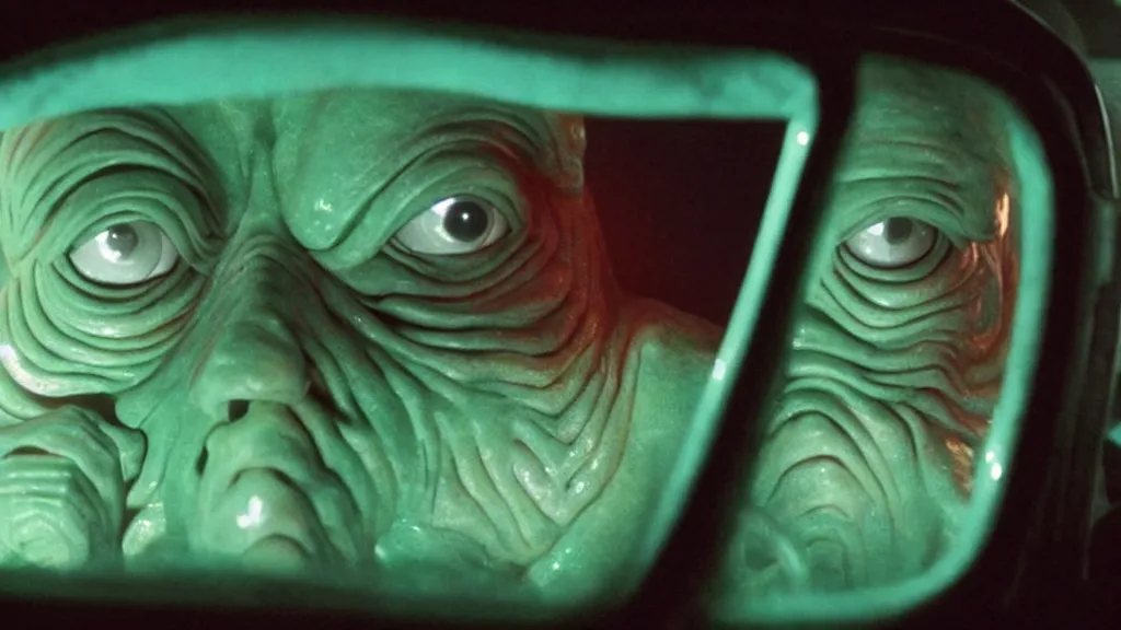 Prompt: the creature sits in a car, made of glowing wax, they stare at me, film still from the movie directed by denis villeneuve and david cronenberg with art direction by salvador dali, wide lens