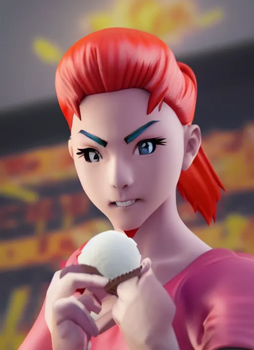 Prompt: 3D render of Sakura from Street Fighter eating an ice cream cone