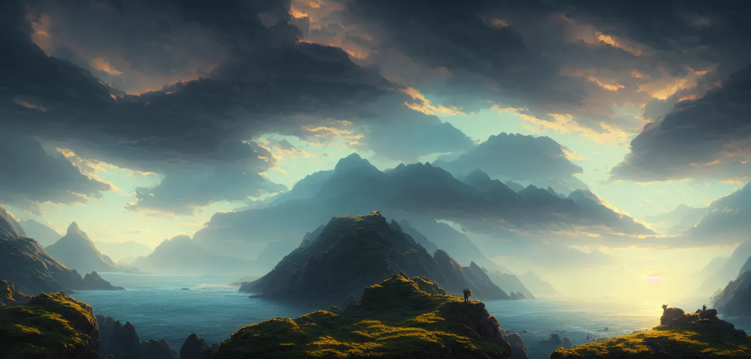 Image similar to nature landscape, aerial view, drone photography, cinematic, mountains and ocean, cinematic view, epic sky, detailed, concept art, low angle, high detail, warm lighting, volumetric, godrays, vivid, beautiful, trending on artstation, by jordan grimmer, huge scene, art greg rutkowski