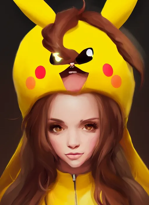 Prompt: a portrait of a girlfriend in pikachu costume, grim - lighting, high - contrast, intricate, elegant, highly detailed, digital painting, artstation, concept art, smooth, sharp focus, illustration