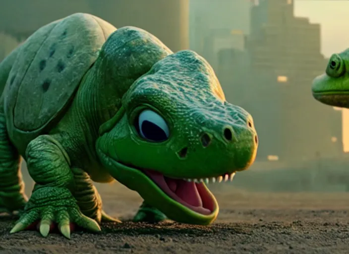 Image similar to film still of yoshi in the new sci - fi movie, cute upright dinosaur with a small turtle shell and long tongue, 8 k