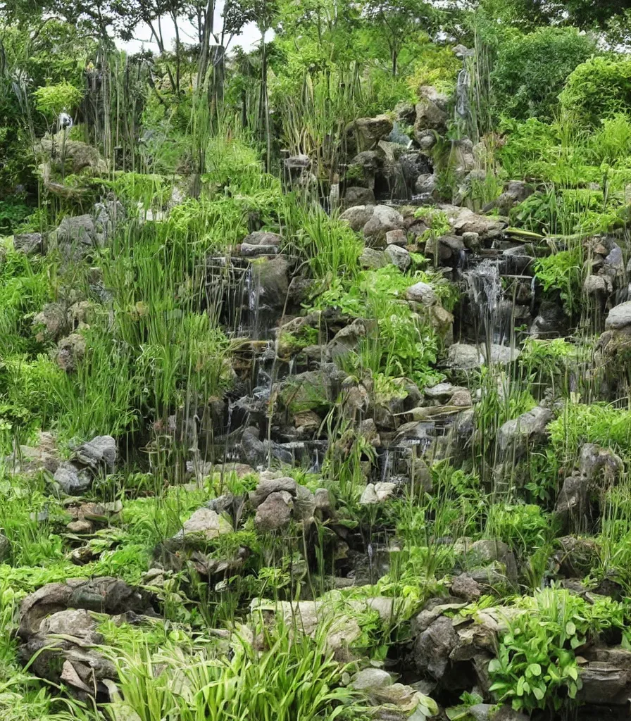 Image similar to a garden, in which there is a flowing water sculpture made of bamboo, garden landscape and symmetrical landscape ， by andre le notre ， trending ，