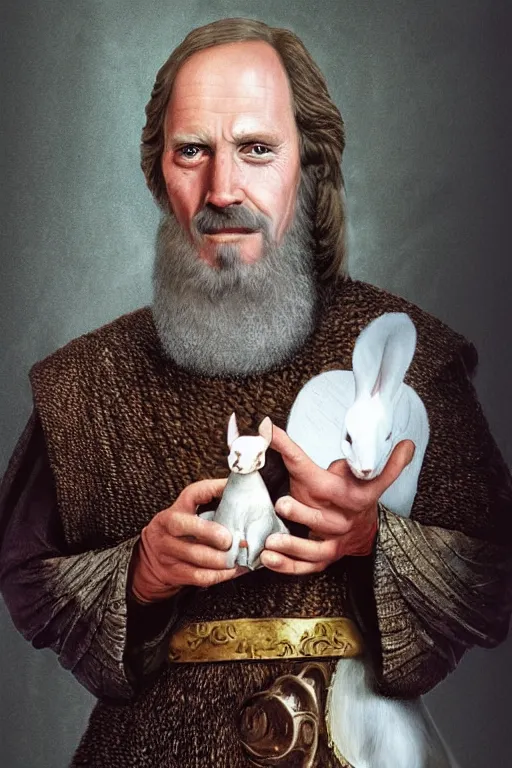 Image similar to tim the enchanter from monty python and the holy grail holding a white rabbit, digital painting, highly detailed