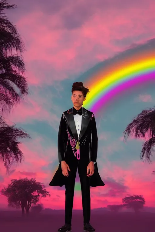 Image similar to Ethereal safari landscape with a pink rainbow sky under a god moonstone, black leather and embroidered Lolita dapper tuxedo in velvet, rich color, dramatic cinematic lighting, featured on Artstation, extremely detailed by Lisa Frank