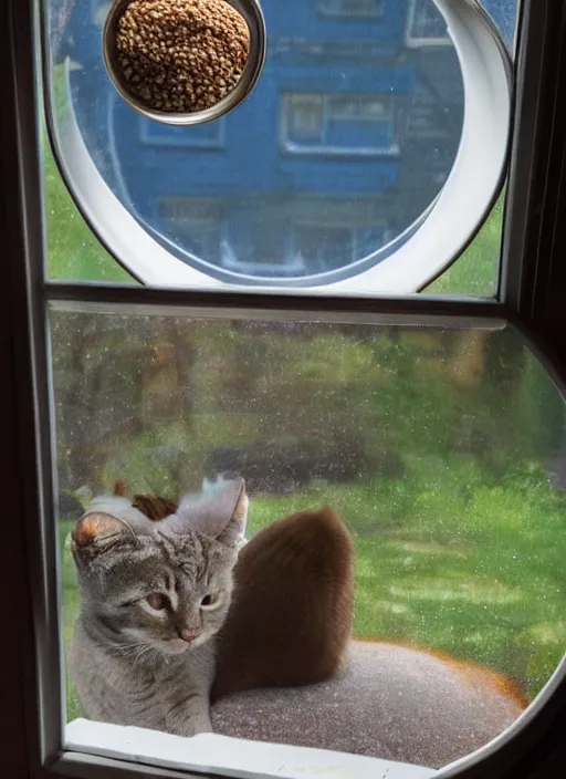 Image similar to cat inside a window next to a cat food bowl watching a martian landscape