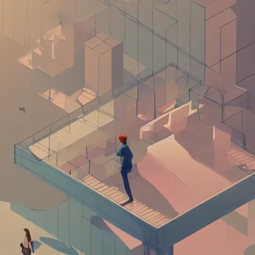 Prompt: an aerial view of a person walking through a room, concept art by James Gilleard, trending on Artstation, serial art, 2d game art, isometric, volumetric lighting