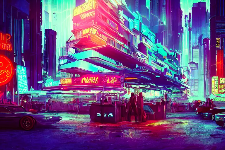 Image similar to a dreamlike cyberpunk city sit in the very far future, neon signs, shops and bars, floating buildings, glowing neons, synthwave, slightly abstract, rich deep colors, 4 k, realistic photography, flying cars in the distance, robot humanoids, anthropomorphic vehicles, fantasy setting, brilliant dreamy lighting, 8 0 s vibe, morning, blue sun