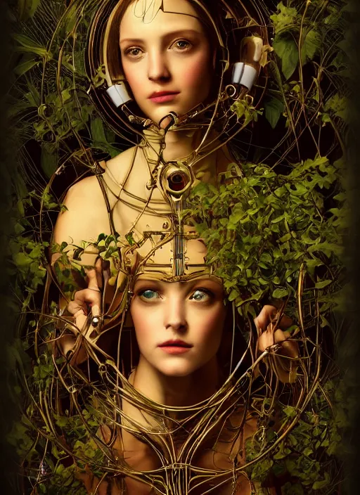 Image similar to symmetrical renaissance painting of android woman covered by plants and crystalsin the mystical forest, beautiful symmetrical face, wires and cords, golden steampunk, retro futurism, sci - fi, filigree jewellery, baroque, cinematic light, mystical shadows, 8 k