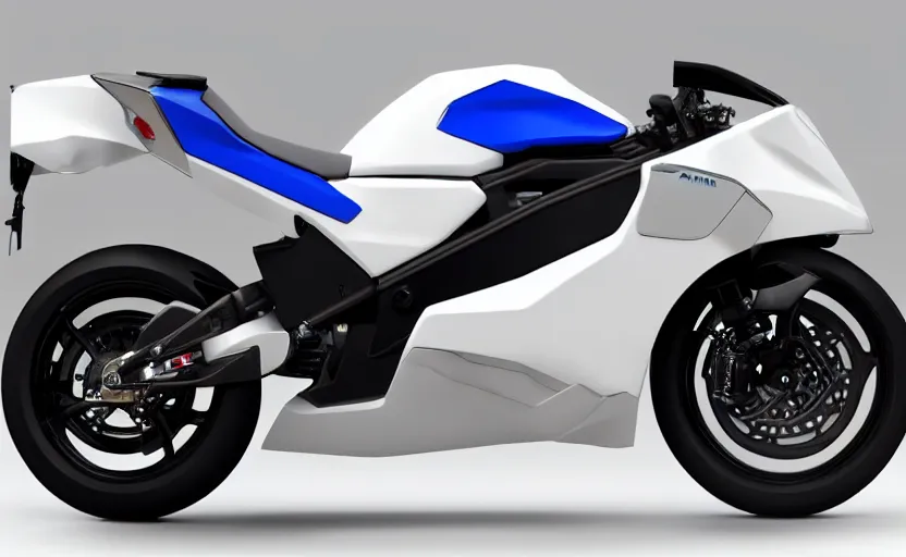 Prompt: suzuki anti - gravity prototype, motorbike, superbike, symmetrical mechanical features, designed by polestar, artificial fog, elegant design, northen lights background, brushed white and blue paint, black wheel rims, hard surfaces modelling, show room scene, dramatic lighting, hyper realistic rendering, made in solidworks, bokeh effect, 1 5 0 mm, sharp focus, 4 k