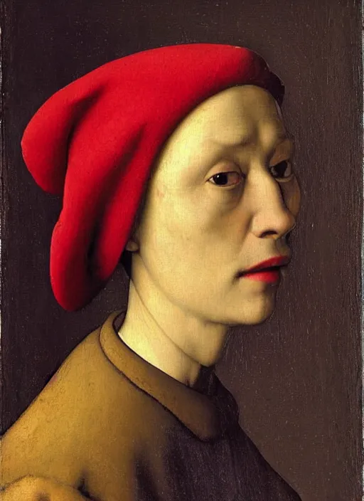 Image similar to red hat, medieval painting by jan van eyck, johannes vermeer