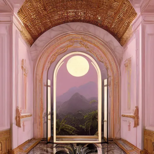 Prompt: indoor liminal space, golden light, greg rutkowski, marble, palm trees, pink door, minimalistic, hyperrealistic surrealism, award winning masterpiece with incredible details, epic stunning, infinity pool mirrors, a surreal vaporwave liminal space with mirrors, highly detailed, trending on artstation, artgerm and greg rutkowski and alphonse mucha, daily deviation
