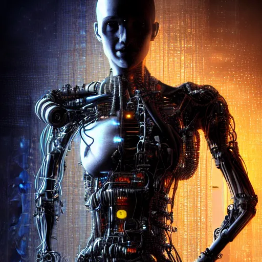 Image similar to portrait photo of a biomechanical torso of a cyborg plugged into a quantum computer with cables and wires and optic fibers. cyberpunk horror style. art by luis royo. highly detailed 8 k. intricate. nikon d 8 5 0 5 5 mm.