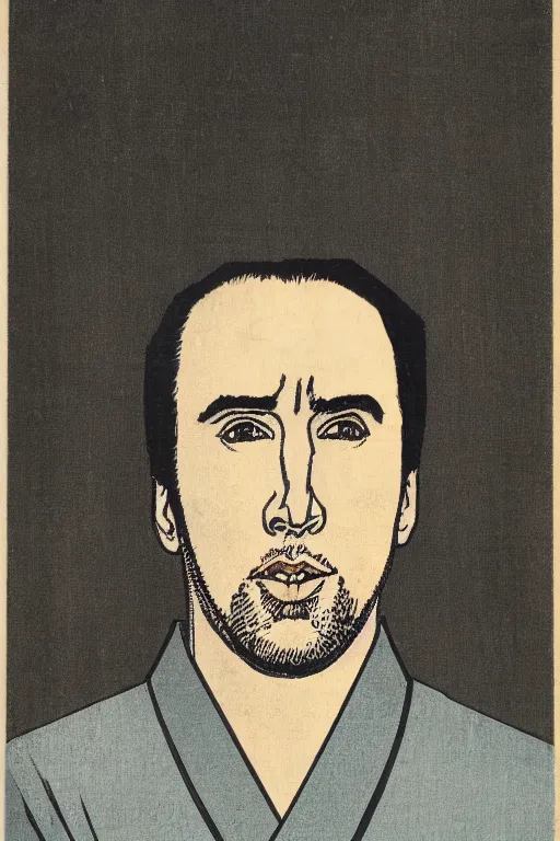 Prompt: Portrait of Nicholas Cage, Japanese coloured woodblock print